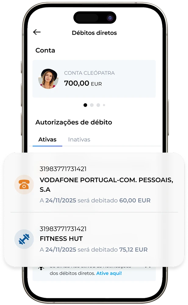 Ecrã da App ActivoBank a mostrar o histórico de pagamentos de Débitos Diretos
