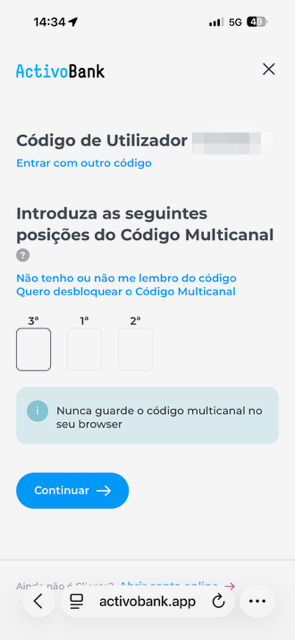 Exemplo de ecran fraudolento a pedir posições do código multicanal